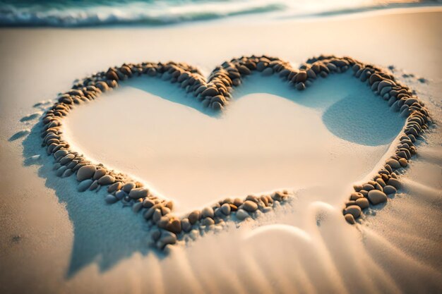 un cœur dessiné dans le sable avec le soleil qui brille dessus