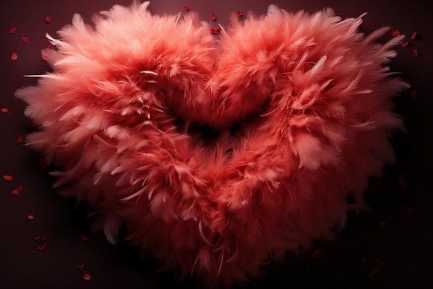 Un cœur doux et confortable fait de plumes rouges, symbole de l'amour, concept du jour de la Saint-Valentin.