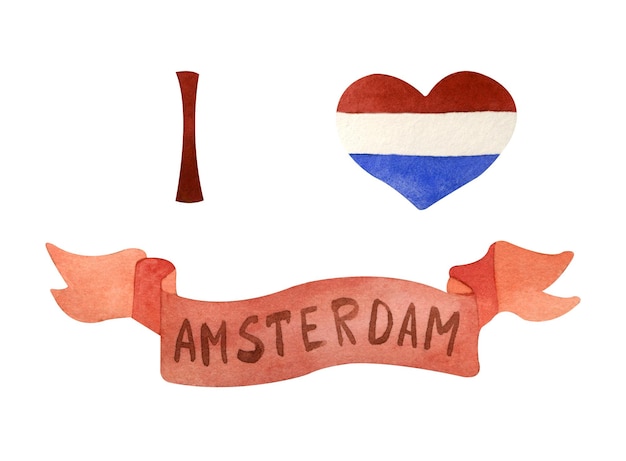 Coeur avec drapeau néerlandais et amsterdam Illustration aquarelle peinte à la main isolée sur fond blanc