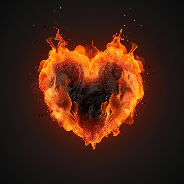 Un cœur est au milieu d'un feu avec le mot amour dessus.