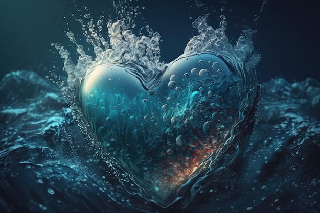 Un coeur est dans l'eau avec le mot amour dessus