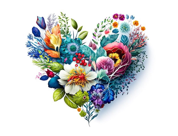 Coeur fait de belles fleurs sur fond clair Bouquet de fleurs en forme de coeur Ai génératif
