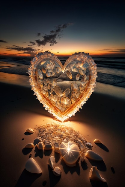 Coeur fait de coquillages sur une plage Generative Ai