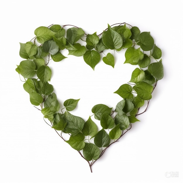 Un cœur fait de feuilles de lierre vert est représenté sur un fond blanc.