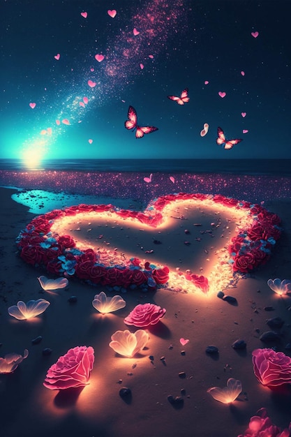 Coeur fait de fleurs sur une plage Generative Ai