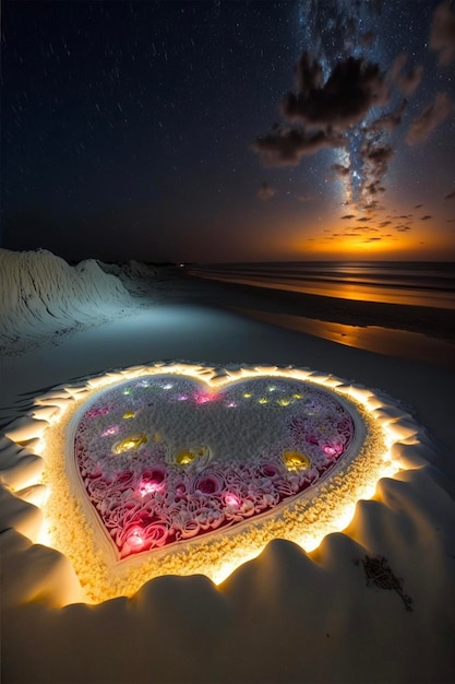 Coeur fait de fleurs sur une plage la nuit ai générative