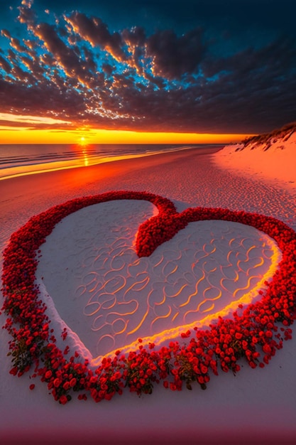 Coeur fait de fleurs rouges sur une plage ai générative