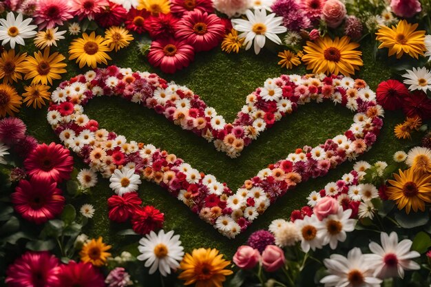 Photo cœur fait de fleurs avec un symbole de cœur sur le fond vert.