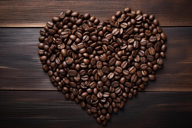un coeur fait de grains de café avec un coeur sur un fond en bois.