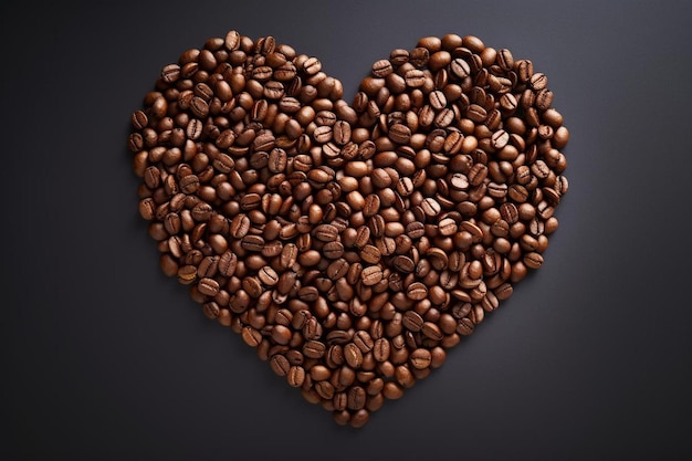un coeur fait de grains de café sur fond noir.