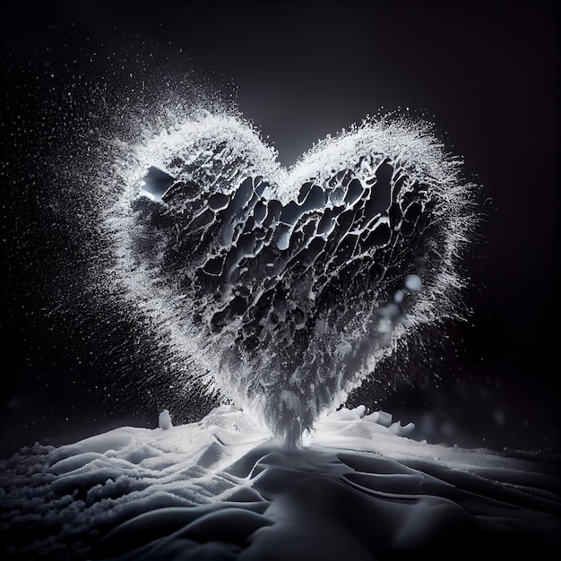 Coeur fait de neige isolé sur fond noir