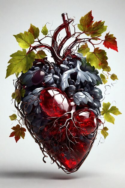 Cœur fait de raisins et de feuilles sur un fond blanc vue de haut