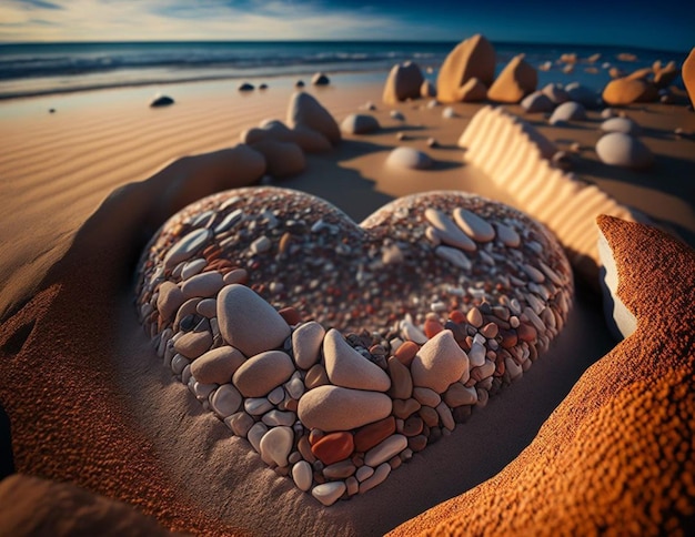 Un cœur fait de rochers est placé dans le sable.