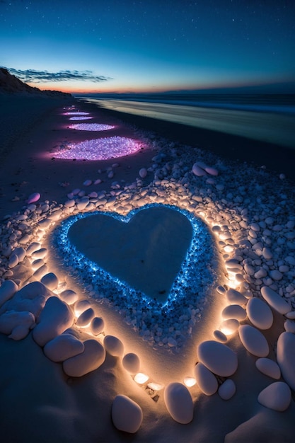 Coeur fait de rochers sur une plage la nuit ai générative
