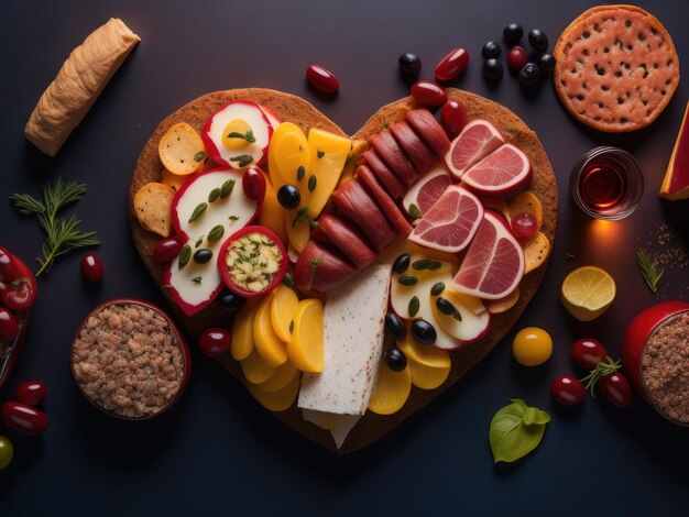 Coeur fait de snacks de viande et de fromage ai génératif