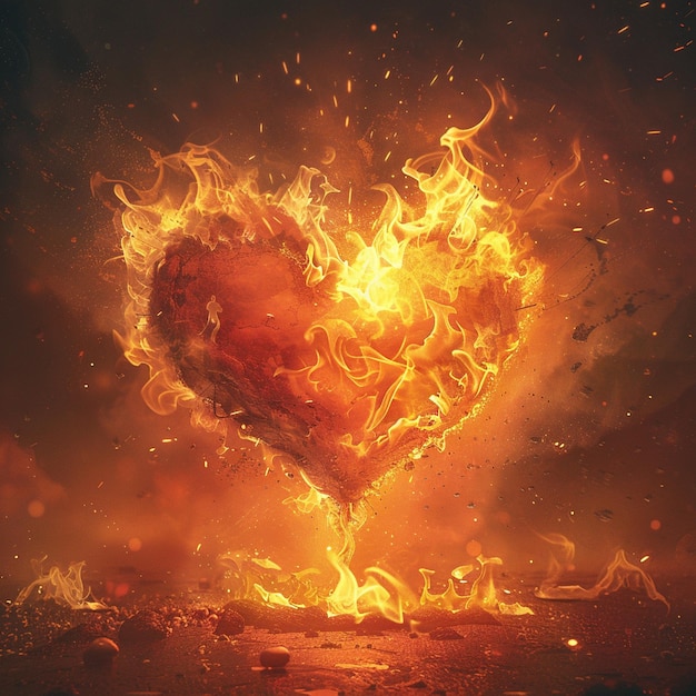 un cœur en feu avec des flammes et un feu en arrière-plan