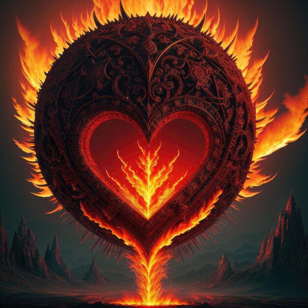 Un coeur de feu avec le mot feu dessus