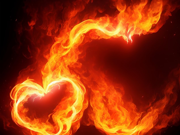 Un coeur de feu rouge avec le mot amour dessus