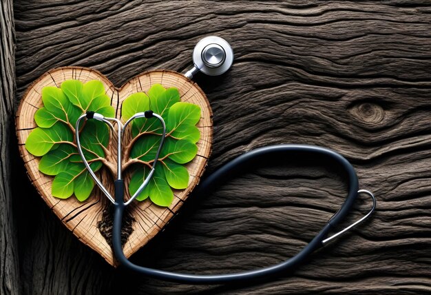 Photo un cœur avec une feuille et un stéthoscope sur un fond de tronc
