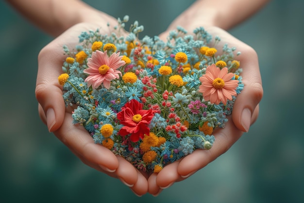 Cœur avec des fleurs aide humanitaire et soutien espoir amour émotion et concept de charité