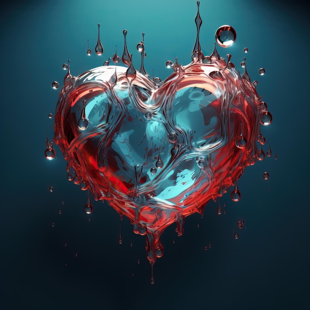 un cœur flottant avec de nombreuses gouttes d'eau autour de lui dans le style de teal clair et zbrush rouge
