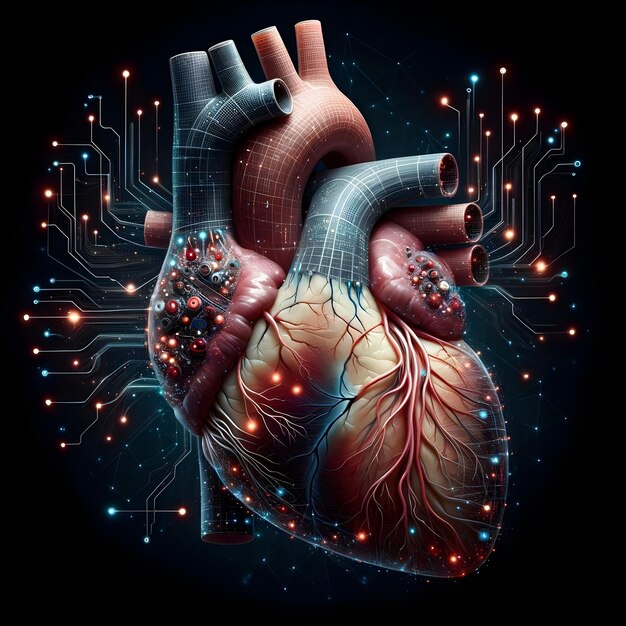 Un cœur futuriste avec un arrière-plan de circuits