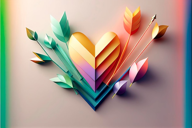 Un coeur géométrique avec des flèches et une texture de papier colorée sur fond rouge pour la Saint-Valentin