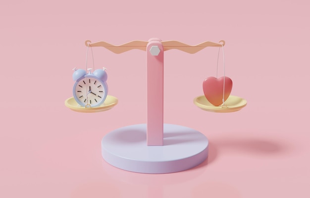 Coeur et horloge 3D minimaux sur les balances, équilibre travail-vie personnelle, concept de gestion du temps.