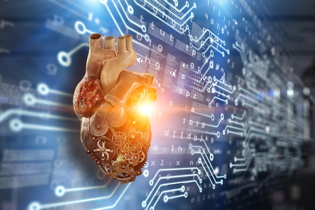 Coeur humain fait de mécanismes et d'éléments. Technique mixte