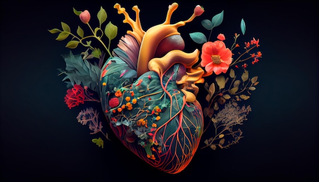 Coeur humain avec des fleurs amour et concept d'émotion bonne personne aide et charité Generative AI