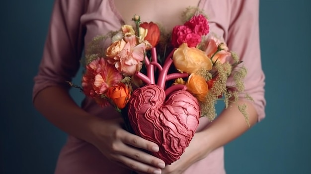 Coeur humain avec des fleurs amour et concept d'émotion bonne personne aide et charité Generative AI