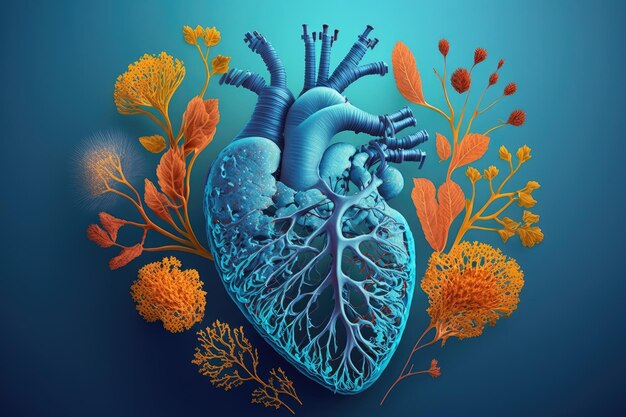 Coeur humain avec des fleurs au centre de la micrographie sur fond bleu