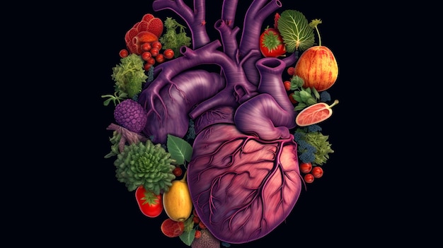 Coeur humain illustré réaliste abstrait composé de plantes et de fruits de légumes frais isolés sur un fond violet foncé Illustrateur d'IA générative