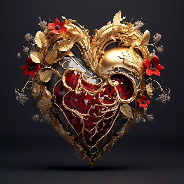 Cœur humain d'or avec des pierres précieuses et des décorations florales
