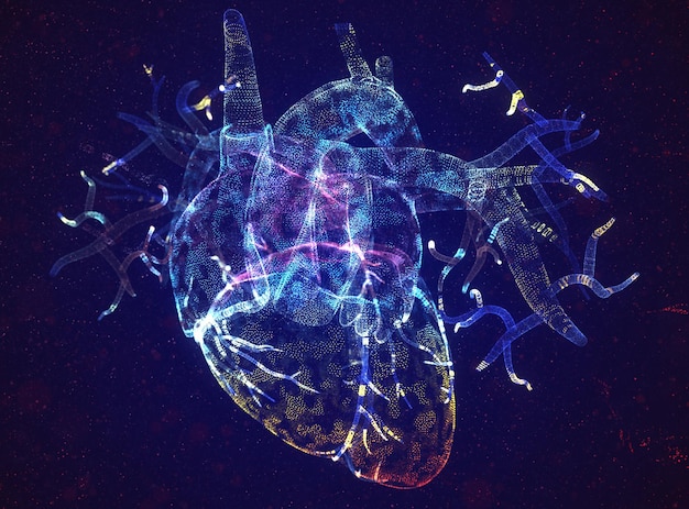 Coeur humain de particules de néon Art de concept de santé cardiaque magique lumineux dans un style abstrait moderne