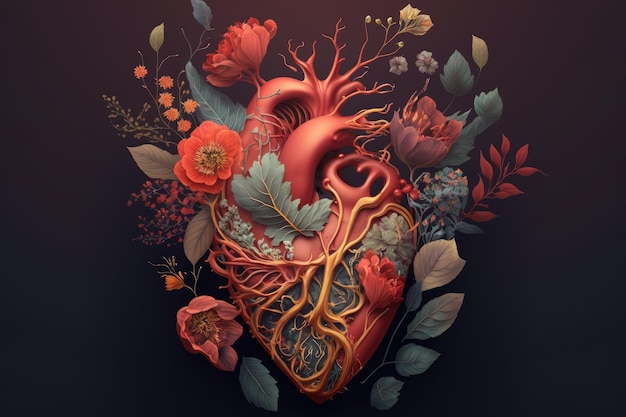 Coeur humain rouge avec des fleurs symbolisant les coeurs des amoureux