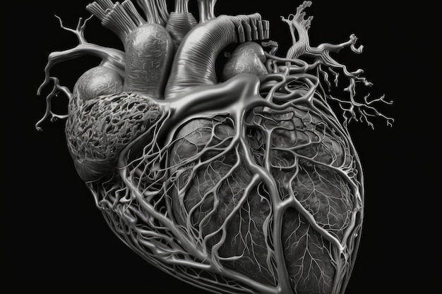 Coeur humain avec veines et artères complexes visibles dans l'art en noir et blanc