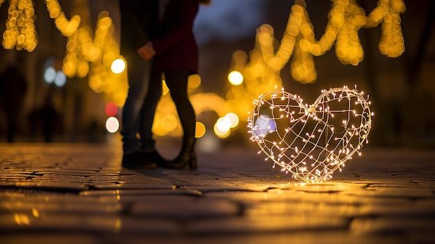 Le cœur illuminé dans la rue avec un couple