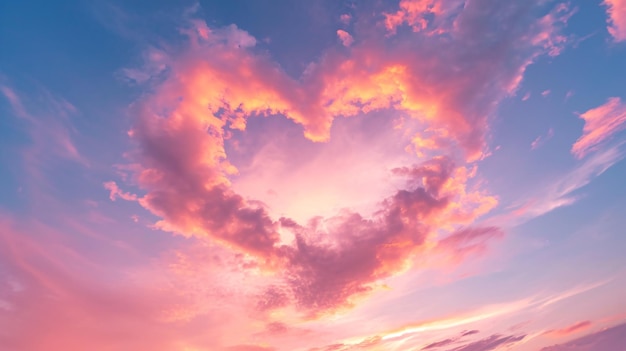 Un cœur magique a façonné des nuages roses en forme de cœur dans un ciel panoramique à des occasions comme la Saint-Valentin