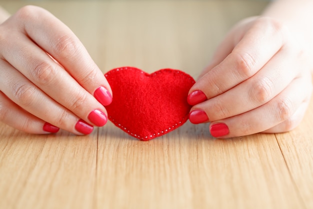 Coeur en mains, femme avec peluche cousue à la main