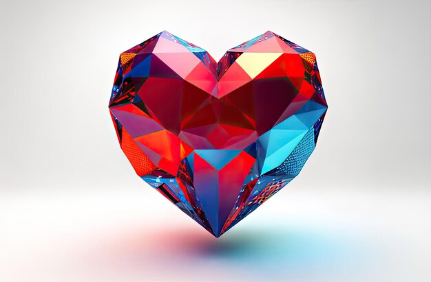 Cœur métallique polygonal avec des facettes de diamants sur un fond blanc Arrière-plan romantique pour la bannière de la Saint-Valentin générée par l'IA