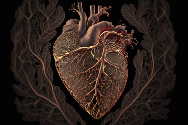 Coeur avec motif complexe de veines et d'artères visibles sur fond noir