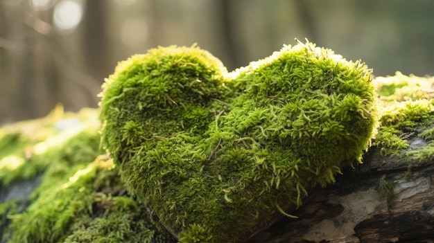 Un coeur de mousse en forme de coeur est assis sur une souche d'arbre.