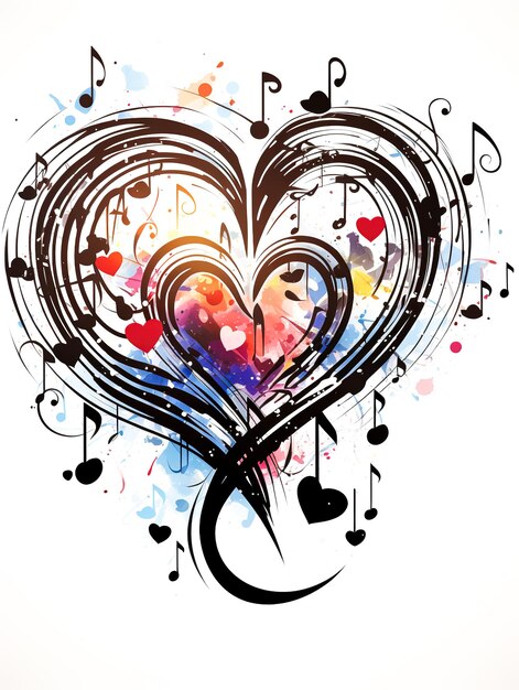 Photo coeur musical à l'aquarelle coloré avec des notes et des gouttes de peinture