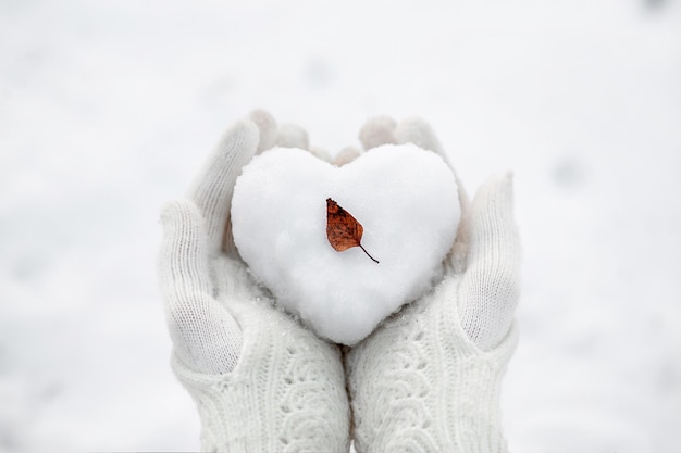 Un Coeur De Neige Avec Une Petite Feuille D'automne Dans Les Mains Portant Des Gants Tricotés