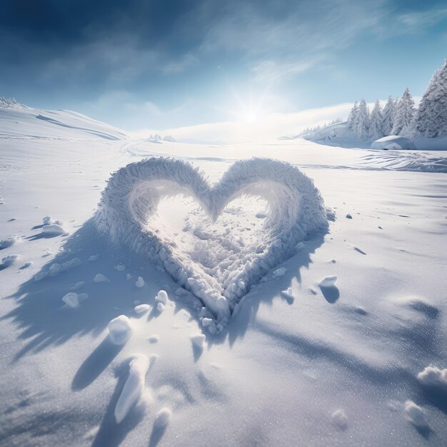 Coeur de neige Saint Valentin sur un champ enneigé avec forêt sur fond bannière parfaite pour la Saint Valentin