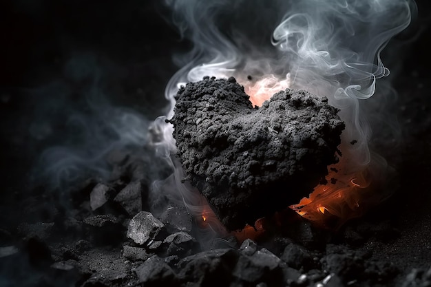 Coeur noir brisé de charbons de refroidissement avec de la fumée sur fond sombre Concept de séparation et de rupture des relations Illustration IA générative