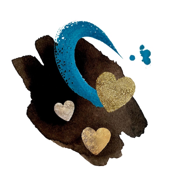 Coeur d'or de trait bleu foncé de tache. Une illustration à l'aquarelle. Texture dessinée à la main. Isolé.