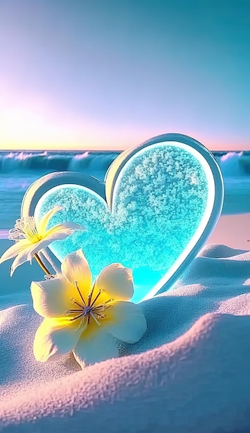 un cœur avec un palmier et une fleur dans le sable