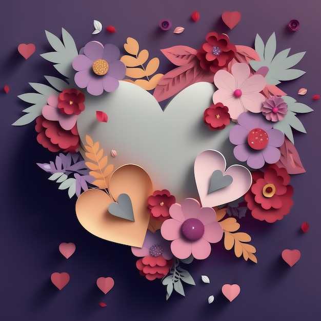 Coeur en papier blanc avec des décorations florales Fond de fleur artisanal en papier coloré Fond de fleur d'origami Cadre de la Saint-Valentin Cadre de la fête des mères Art numérique